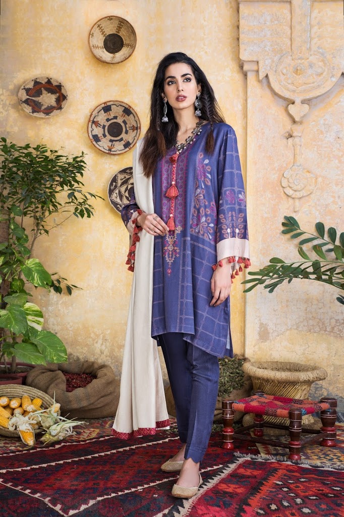 Unstitched three-piece blue color viscose printed & embroidered suit