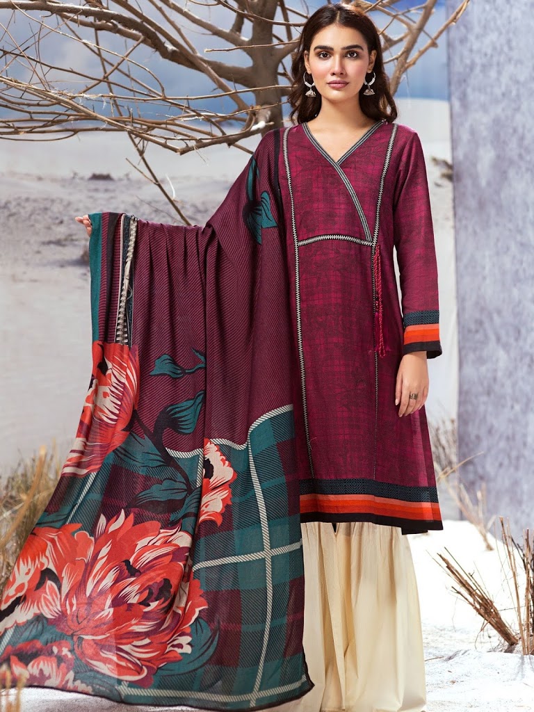 Winter limelight cambric pink color printed suit with shawl