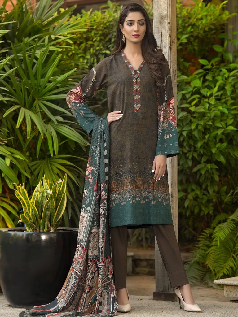 Winter limelight cambric rust color printed suit with shawl