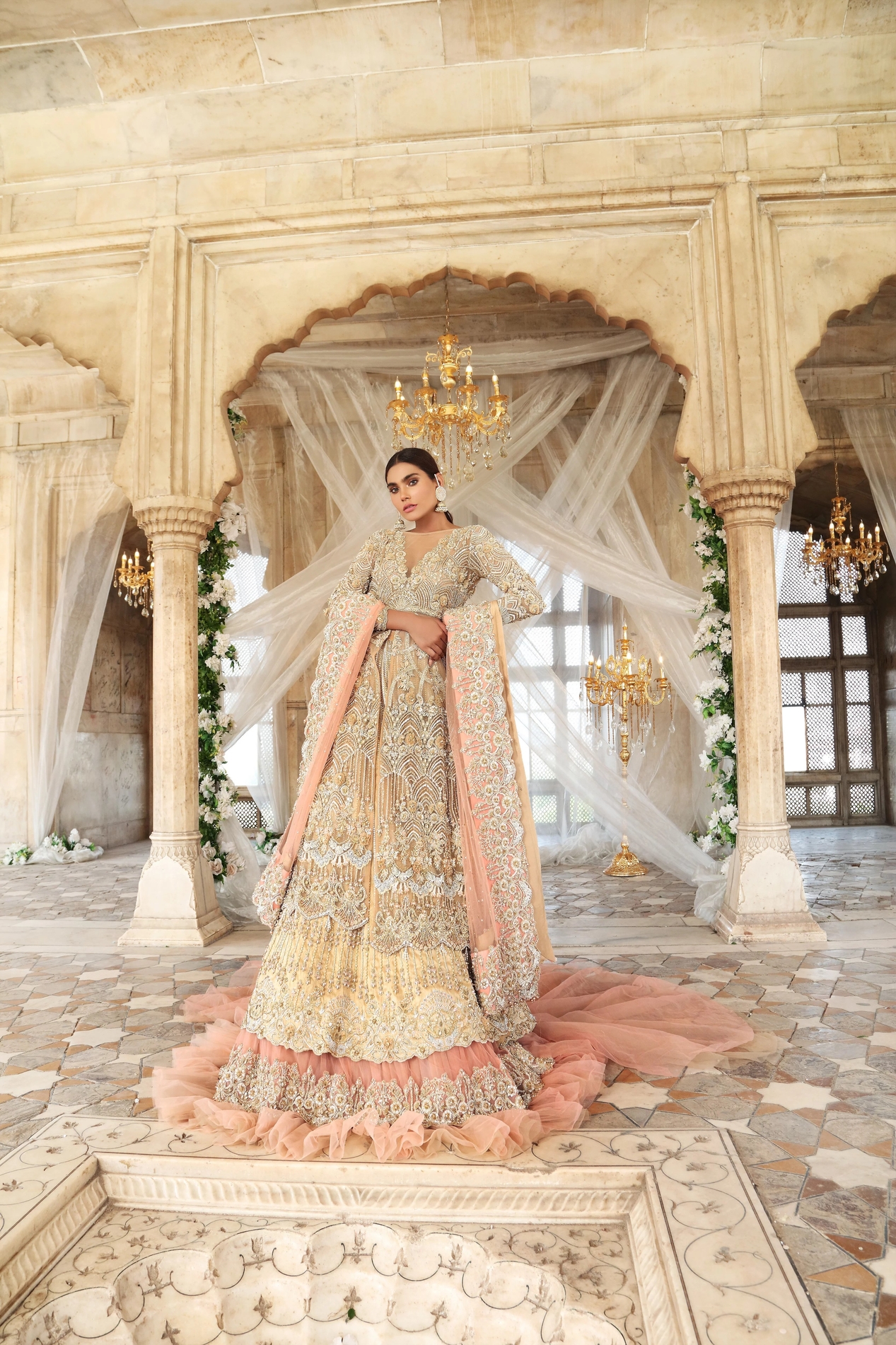 Erum Khan Fawn & Peach color open front Maxi Bridal Dress On Walima Day