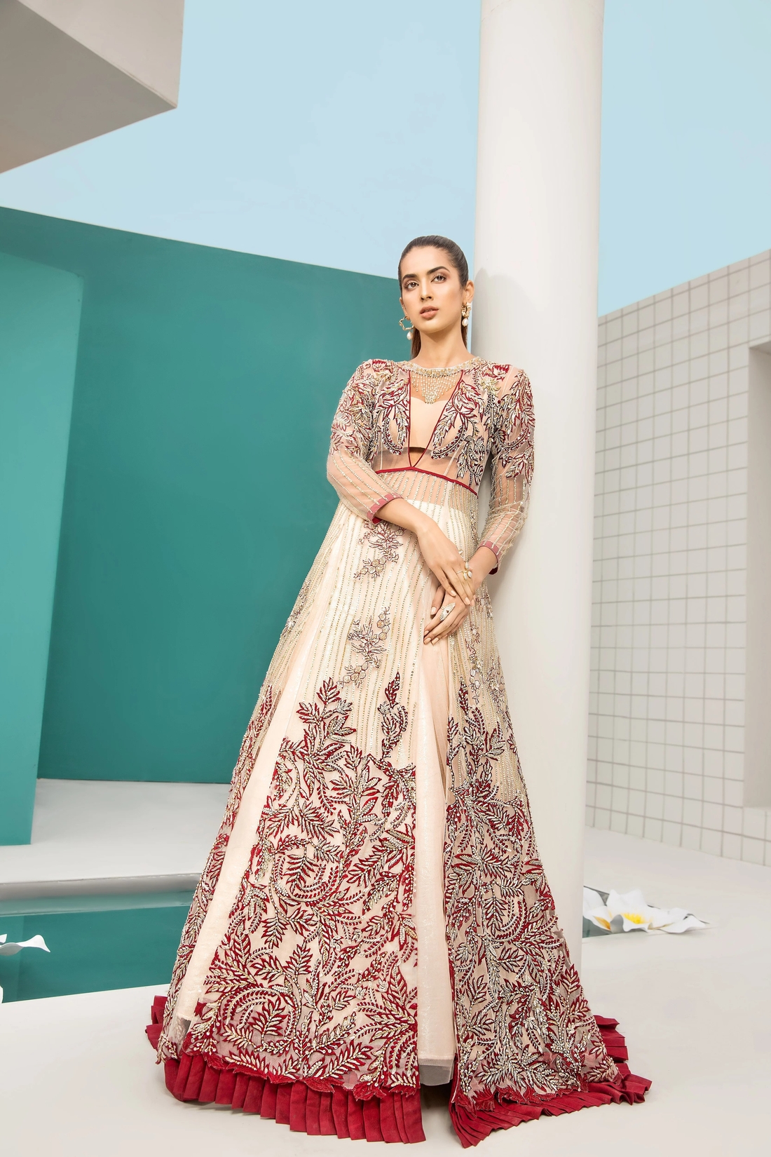 Erum Khan Luxury Dress Lvory And Red Maxi Bridal