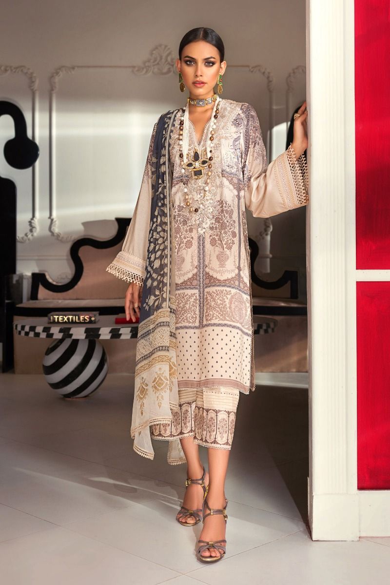 Sana Safinaz Muzlin winter cream color embroidered on net dress