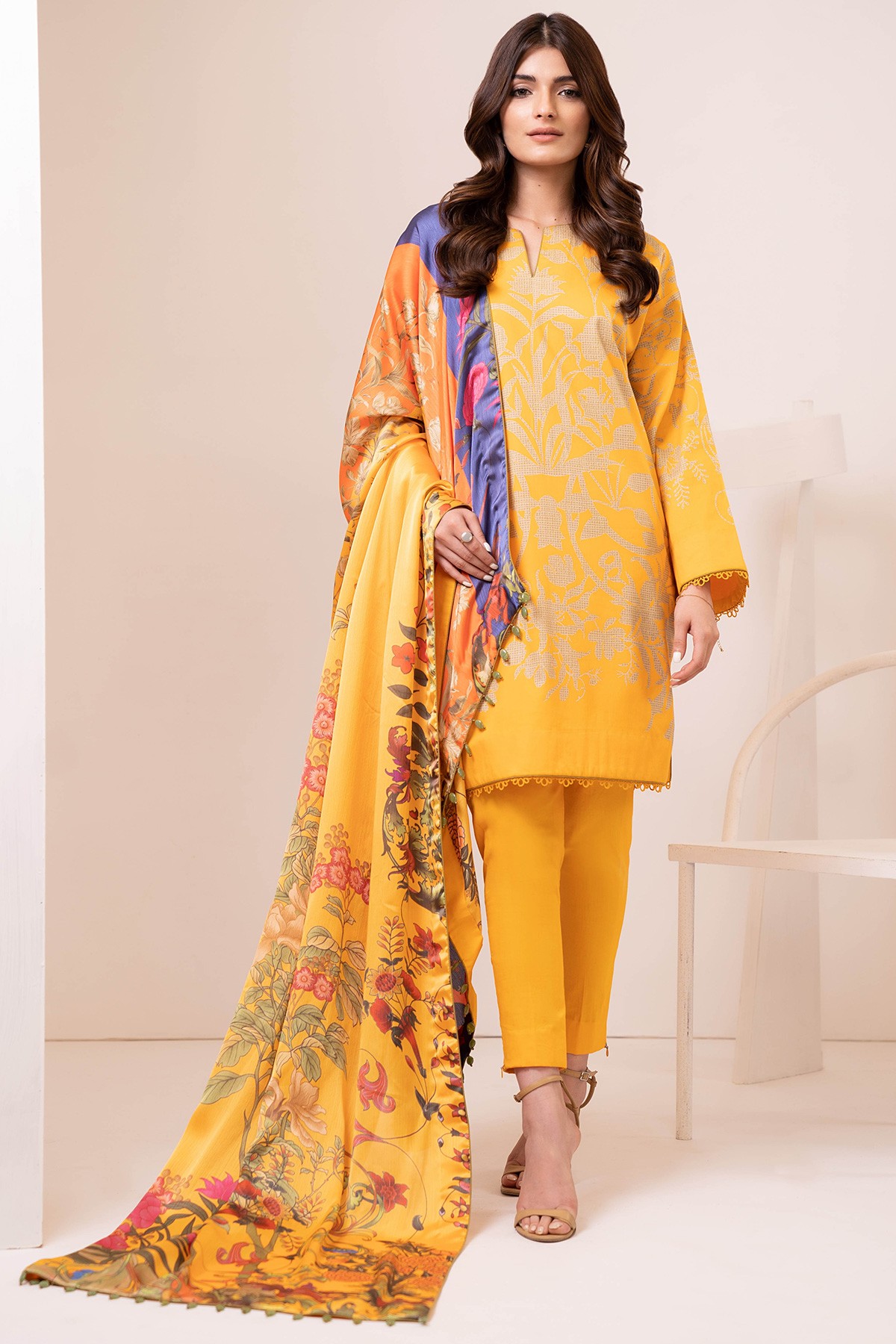  Al karam winter collection Three Piece Cotton Satin Suit With Digital Silk Dupatta