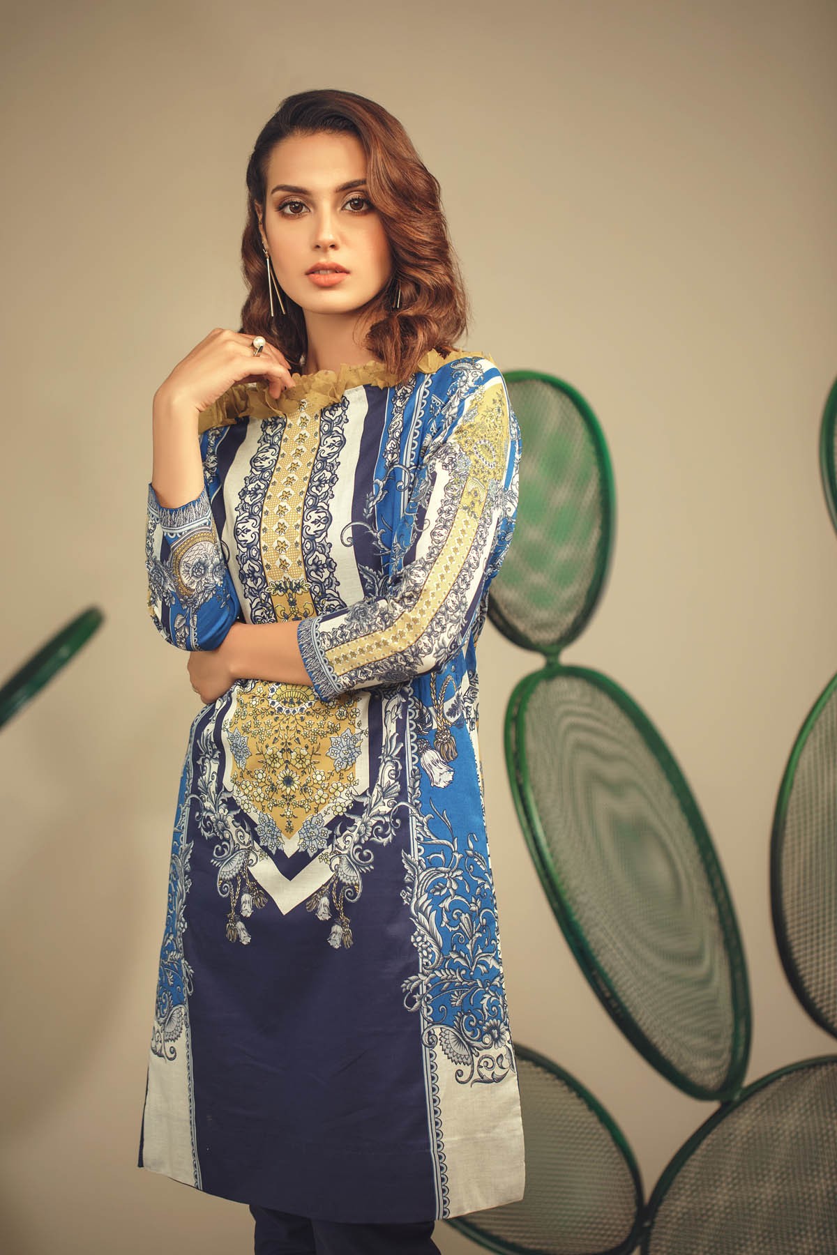 Al-Akaram winter collection Blue color2 Piece Printed Suit With Dyed Cambric Trouser