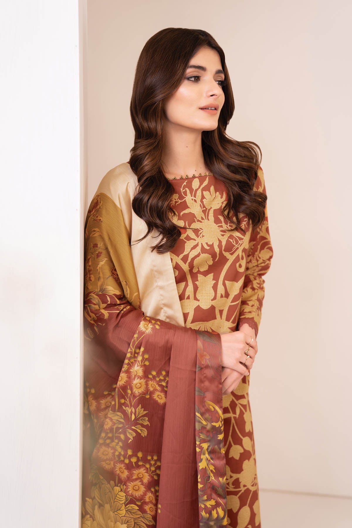 Al karam winter collection Rust color Three Piece Cotton Satin Suit With Digital Silk Dupatta