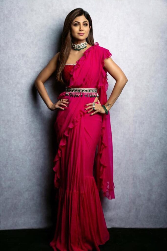 ridhi mehra Ruffle Pink Saree with Blouse & Belt