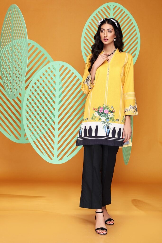 Nishat Linen winter collection mustard Digital Printed Embroidered Stitched Cotton Karandi Shirt