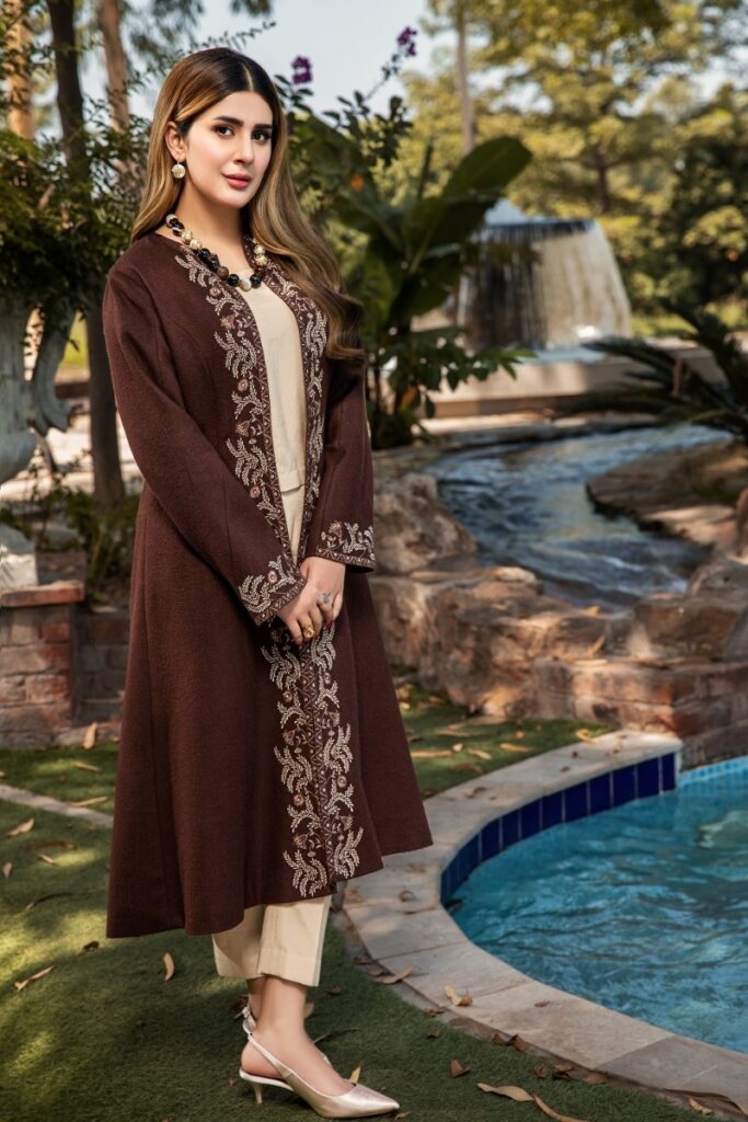 Nishta Linen winter collection Brown Embroidered stitched Formal Woolen Long Coat form agan