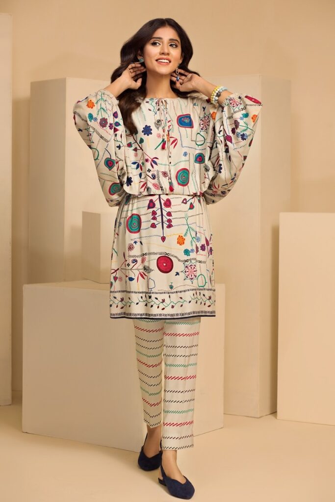 Nishat Linen Unstitched Winter Collection White Printed Two Piece Dresses
