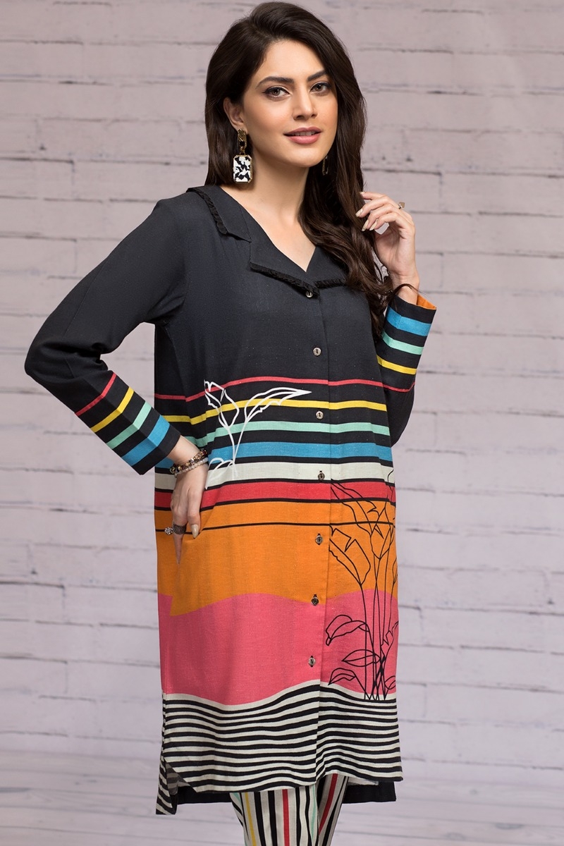 Nishat unstiched winter collection graceful in black color cotton khaddar dress