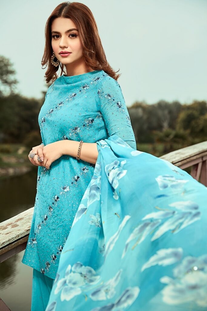 nishat Linen Blue Swiss & Silk Embroidered Luxury Ready To Stitch 3 piece dress