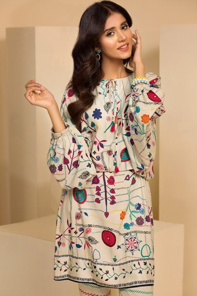 White Linen two Piece suit with Printed Unstitched Winter Dresses