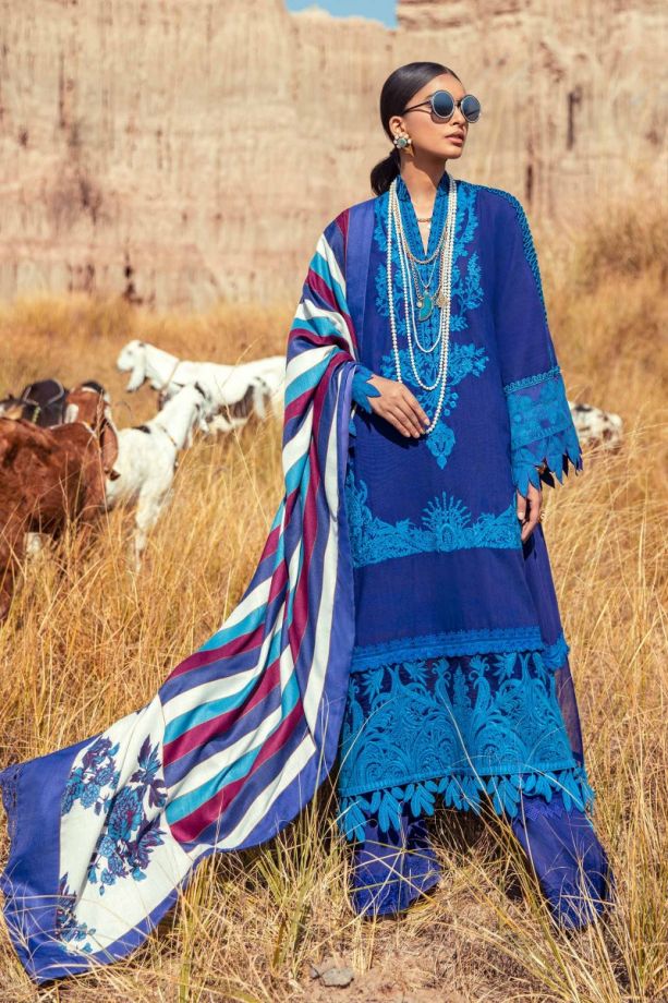 sana Safinaz shawl winter dress royal blue color 2021