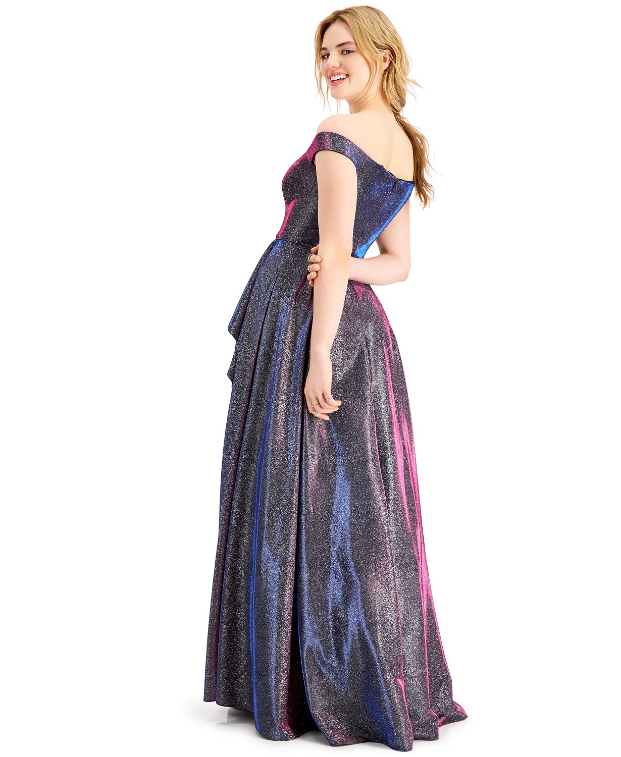 Macy's Prom Off the shoulder glitter Gown fushia color back-side