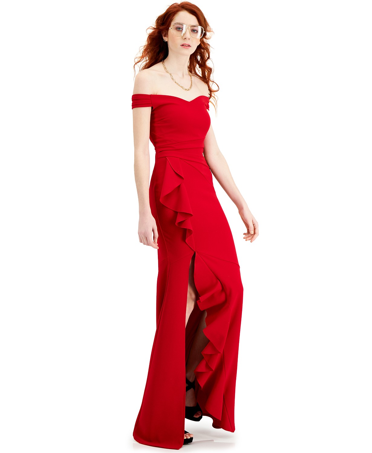 Macy's prom Off the shoulder Ruffled slit Gown Red color