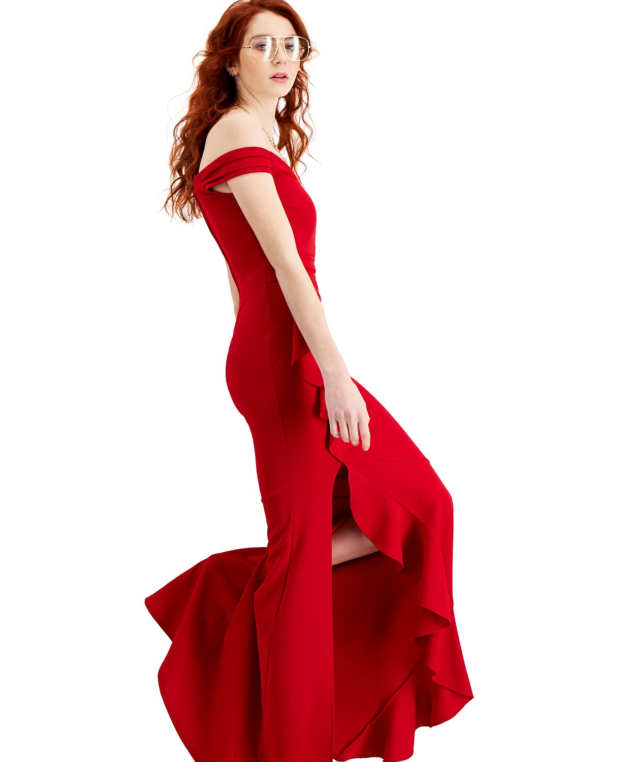 Macy's prom Off the shoulder Ruffled slit Gown Red color back-side