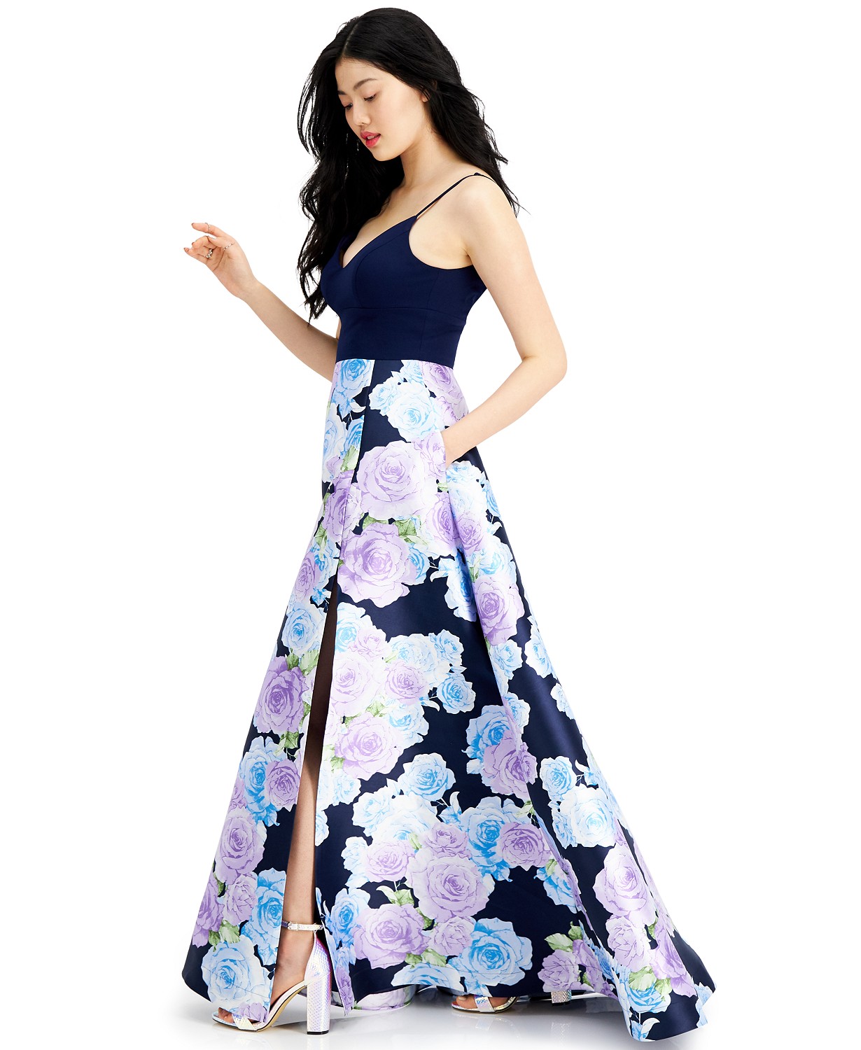 Macy's Prom Juniors floral print Gown Dress navy-purple color side-view