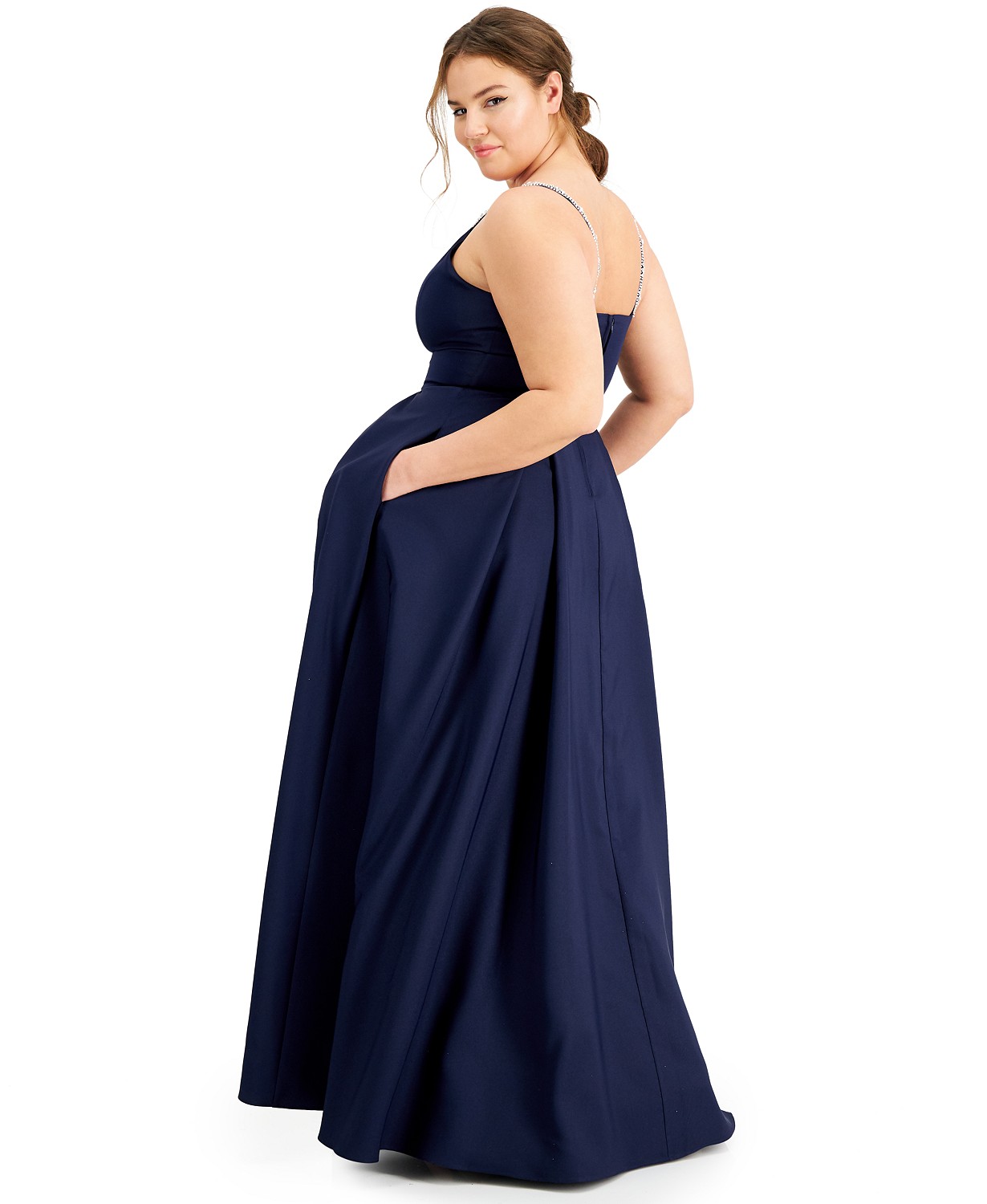 Macy's Trendy plus size beaded-strap Gown Navy color Back-view