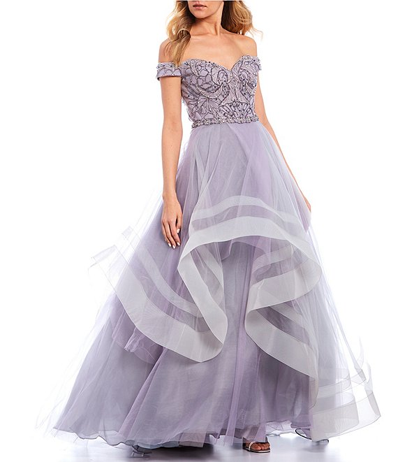 Dillard's Sliver/Lilac Off-The-Shoulder Two-Tone Beaded Ball Gown Prom dress