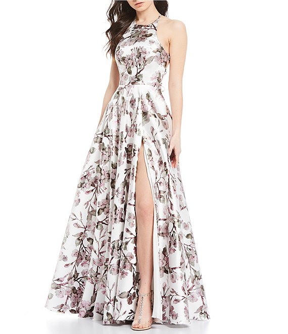 Dillard's White/Pink/silver High Neck Lace-Up Back Foiled-Floral-Print High Side Slit Ball Gown Prom Dress