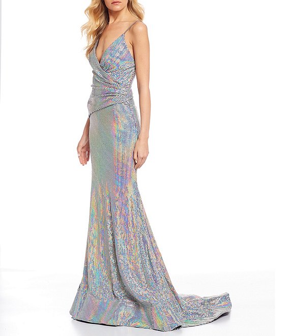 Dillard's Faux-Wrap Hologram Long Prom Dress