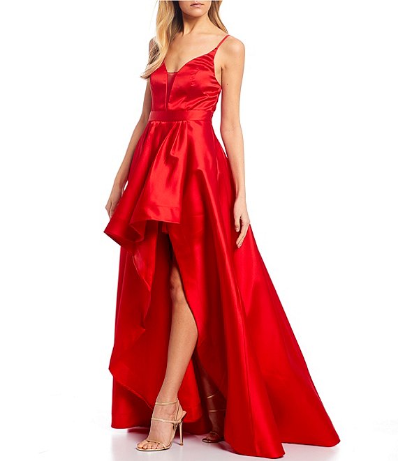 Dillard's Red Color Spaghetti Strap Asymmetric High-Low Satin Ball Gown Prom Dress