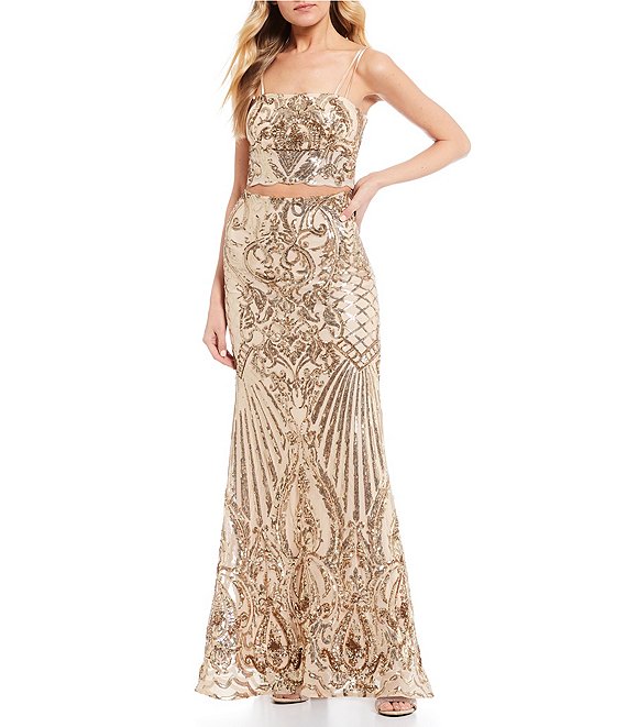 Dillard's Nude Gold Spaghetti Strap Sequin Top with Sequin Trumpet Skirt Two-Piece Long prom Dress