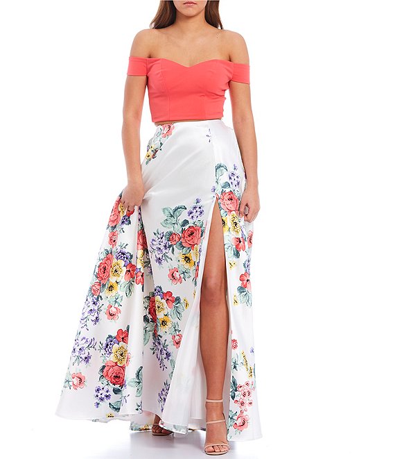 Dillard's white/lilac/rose color Off the Shoulder Top with Floral Print Side Slit Skirt Two-Piece Long Prom Dress