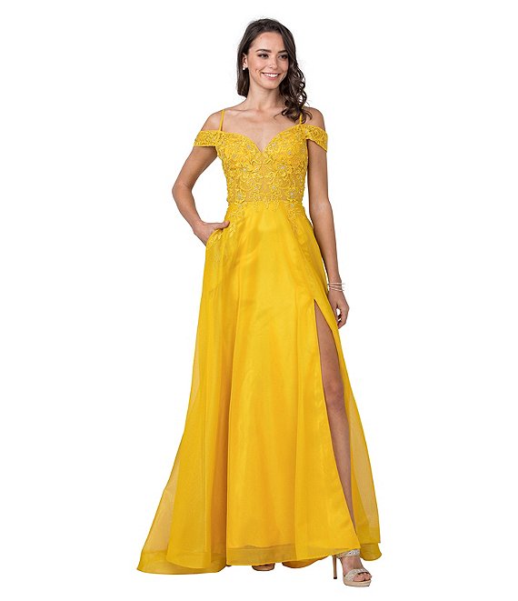 Dillard's Off-The-Shoulder yellow Lace-Up Back Embroidered Bodice Shimmer Ball Gown prom dress