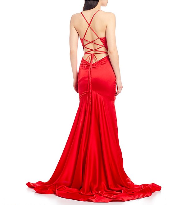 Dillard's Red color Spaghetti Strap Lace-Up Back Surplice V-Neck Slim Side Slit Satin Long prom Dress
