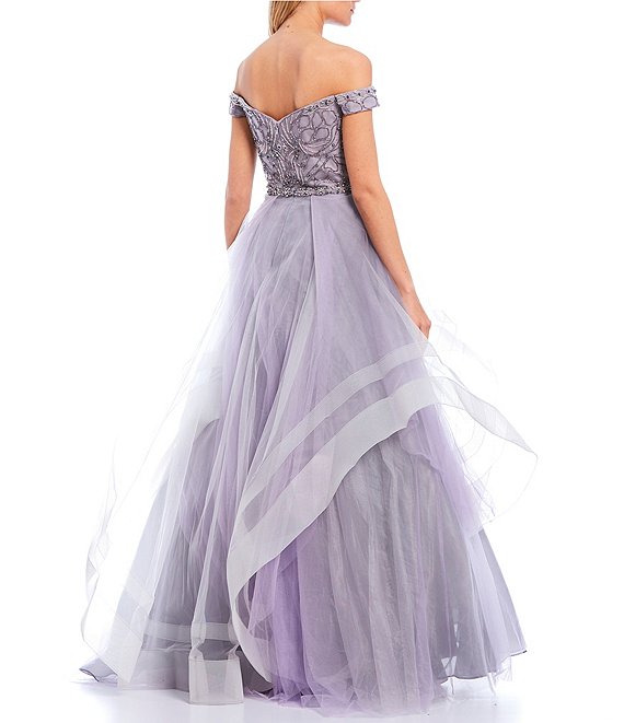 Dillard's Sliver/Lilac Off-The-Shoulder Two-Tone Beaded Ball Gown Prom dress