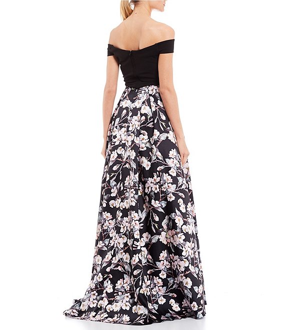 Dillard's Black/Pink Off-The-Shoulder Top with Foiled Floral Skirt Two-Piece Ball Gown Prom dress