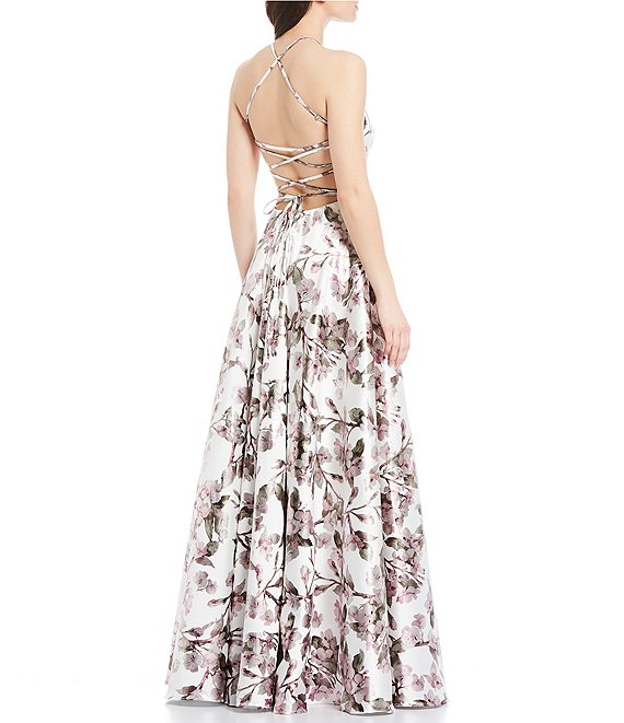 Dillard's White/Pink/silver High Neck Lace-Up Back Foiled-Floral-Print High Side Slit Ball Gown Prom Dress