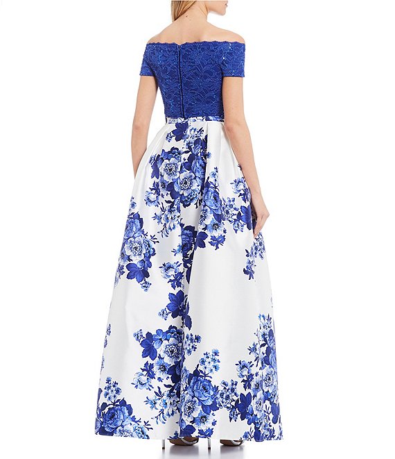 Dillard's White & royal Blue Off-The-Shoulder Lace Top with Floral Ball Gown Two-Piece Prom Dress