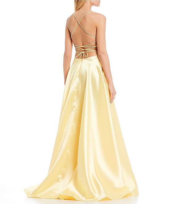 Dillard's Bright yellow Lace-Up Back High Side Slit Satin Ball Gown prom dress
