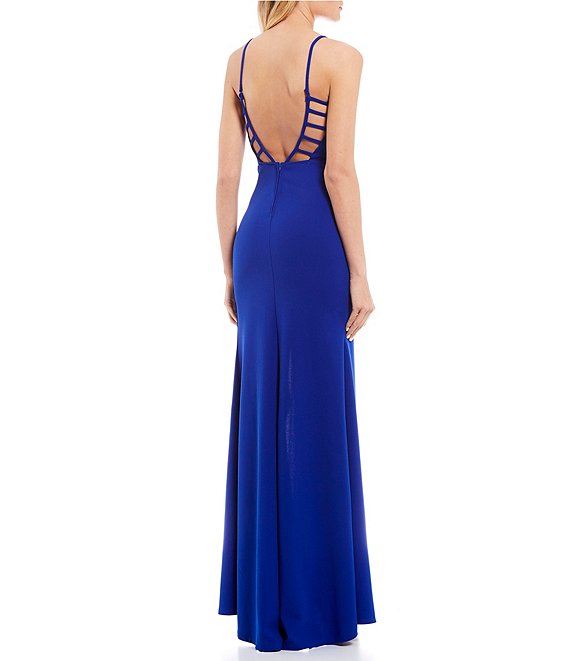 Dillard's Electric Blue V-Neck Cage Back High Side Slit Long Prom Dress