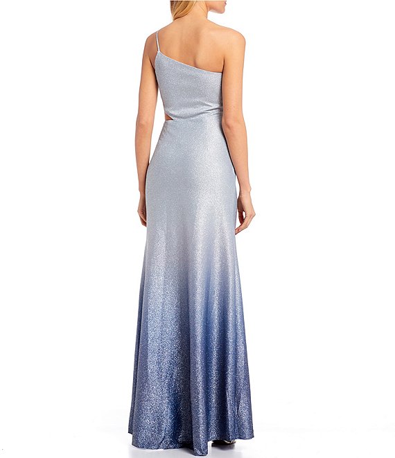 Dillard's Silver color One-Shoulder Cut-Out High Side Slit Ombre Long Prom Dress
