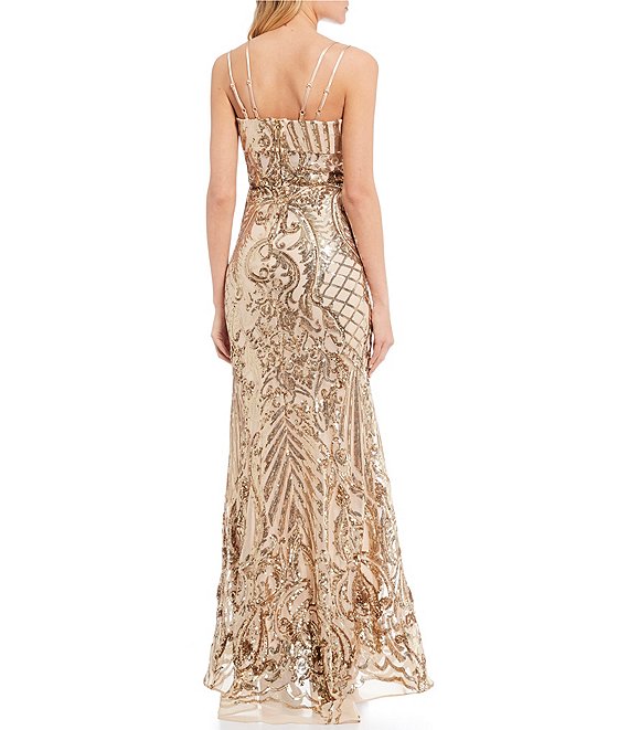 Dillard's Nude Gold Spaghetti Strap Sequin Top with Sequin Trumpet Skirt Two-Piece Long prom Dress