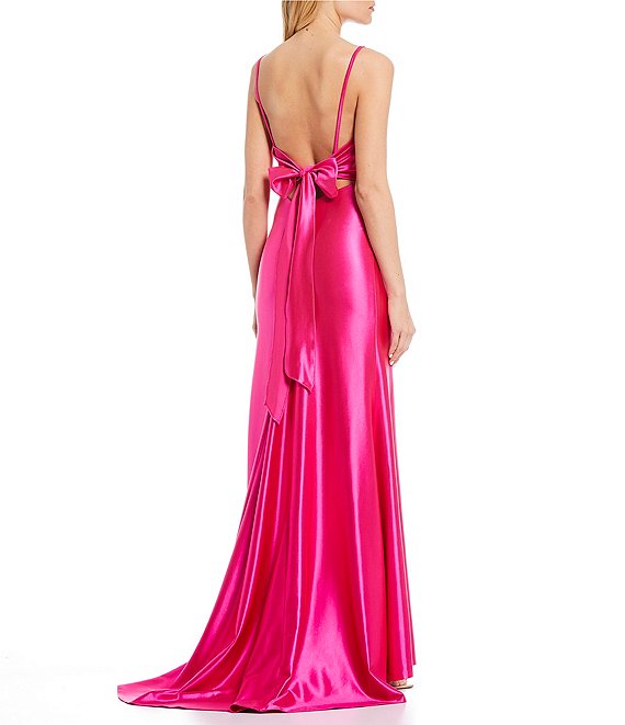 Dillard's Neon Pink Spaghetti Strap Bow-Back Stretch Satin Long Prom Dress