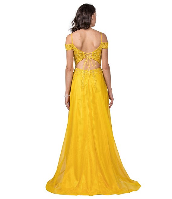Dillard's Off-The-Shoulder Yellow Lace-Up Back Embroidered Bodice Shimmer Ball Gown prom dress