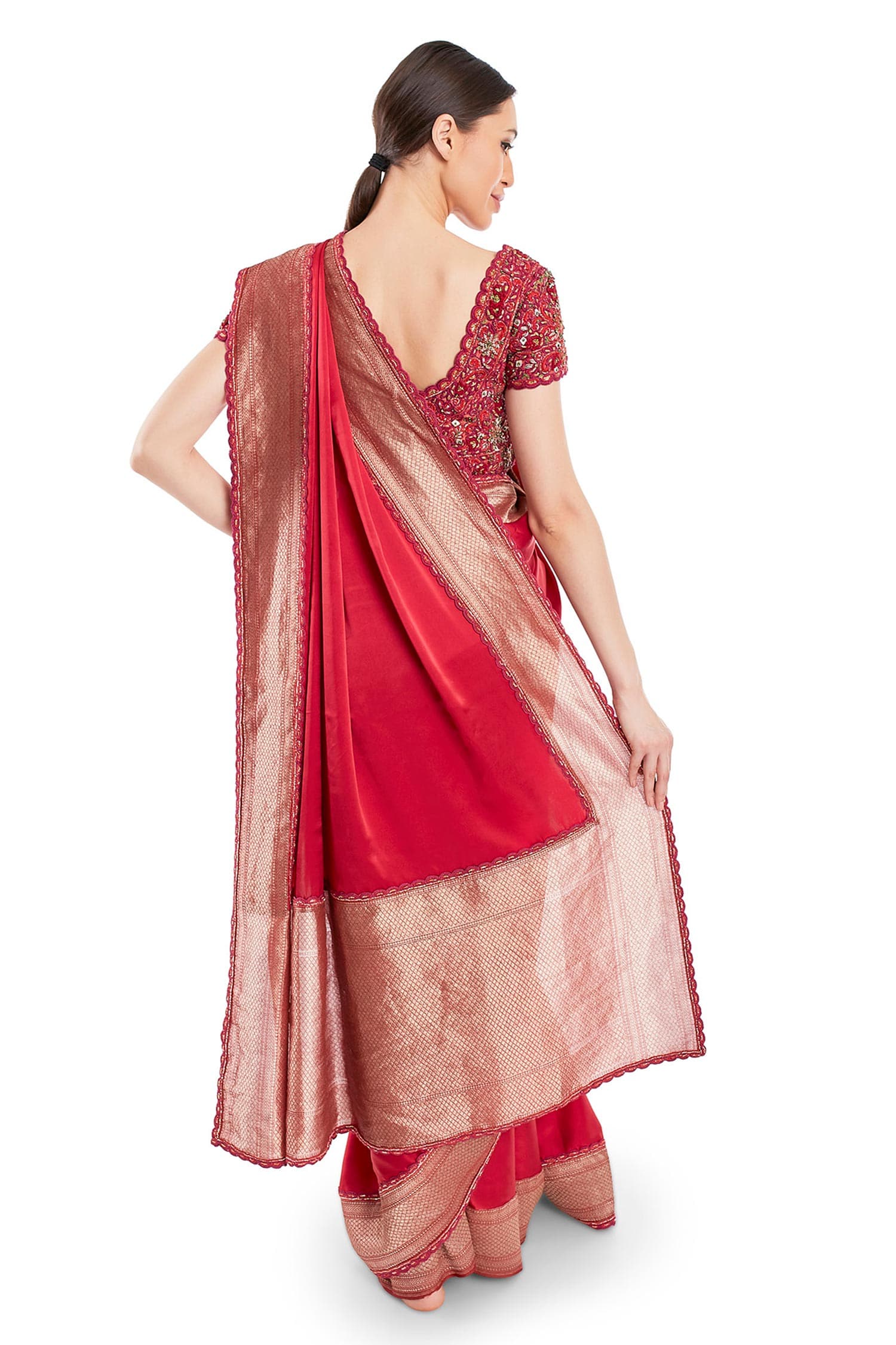 Rocky Star organza Red saree with silk embroidered blouse Back-side