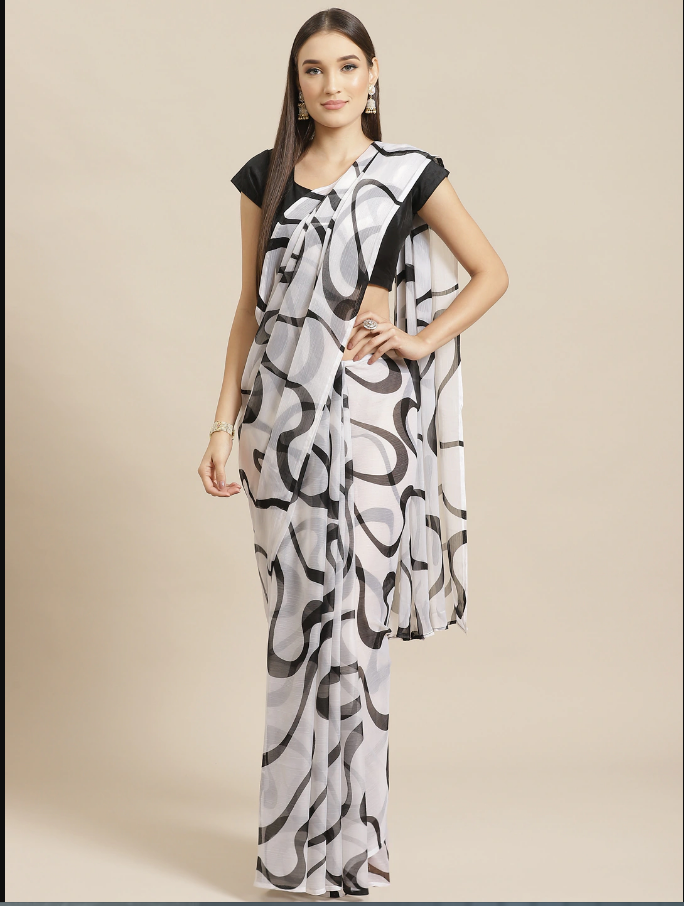 Indian White & Black Saree with Printed