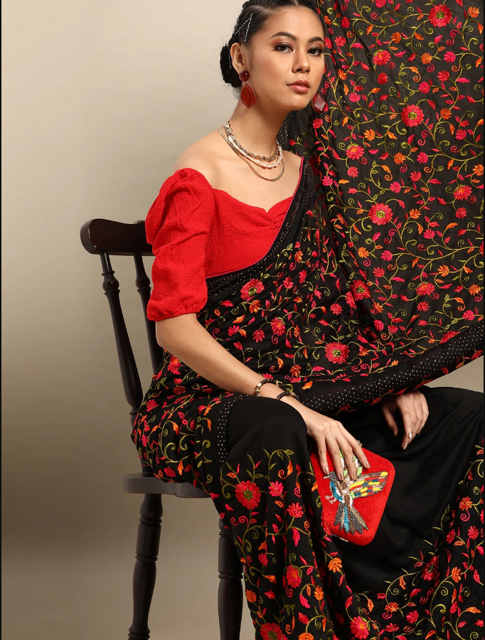 Indian Black & Red Satin Embroidered Saree