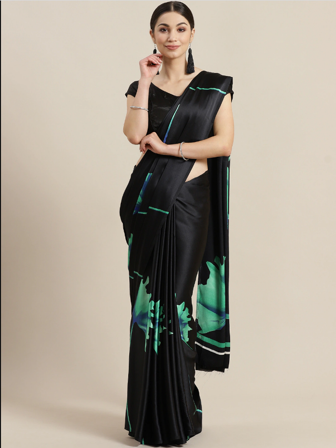 Indian Black & Green Printed Saree