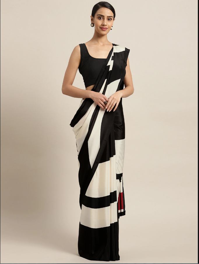 Indian Cream-Colored & Black Striped Saree