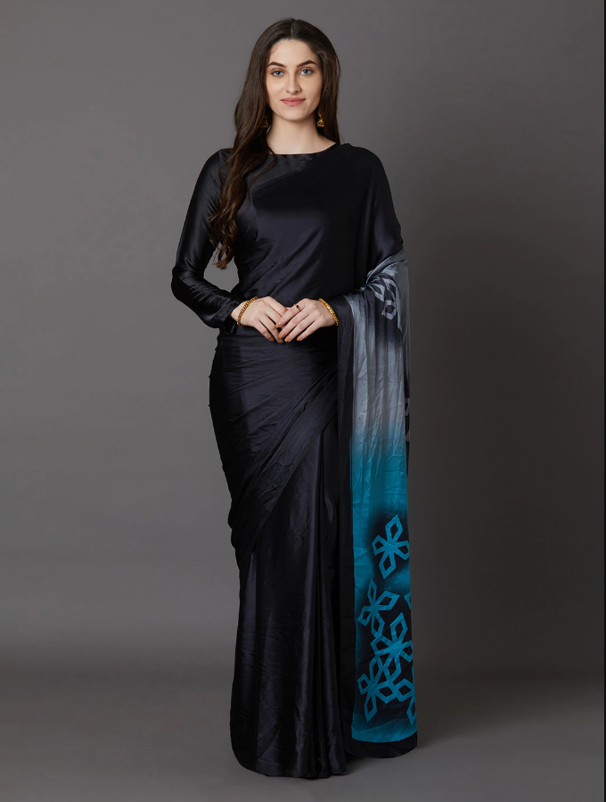 Indian Black & Blue Poly Crepe Printed Saree