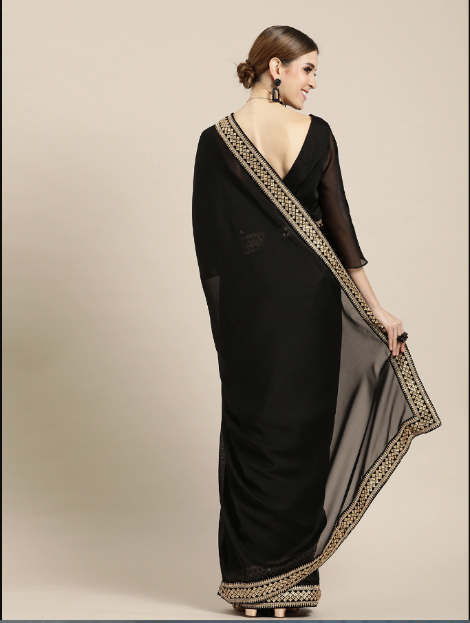 Indian Black Saree with Solid Silk Blend