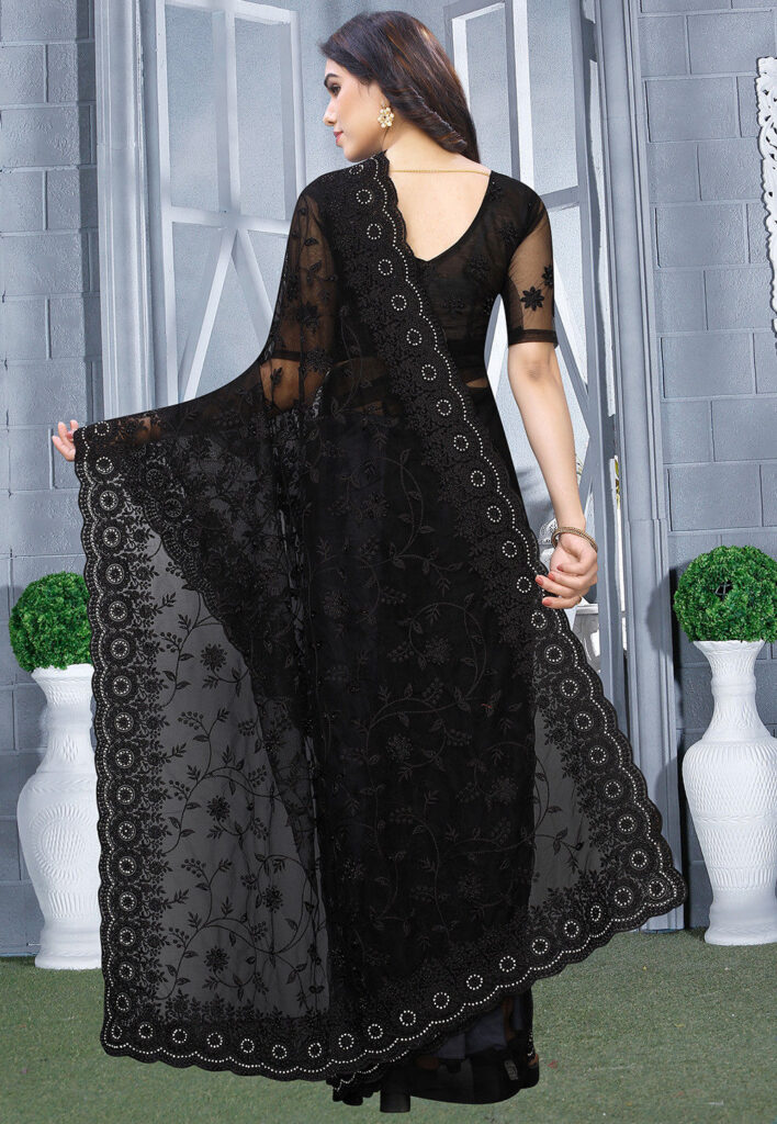 Embroidered Net Blacked Saree Back side