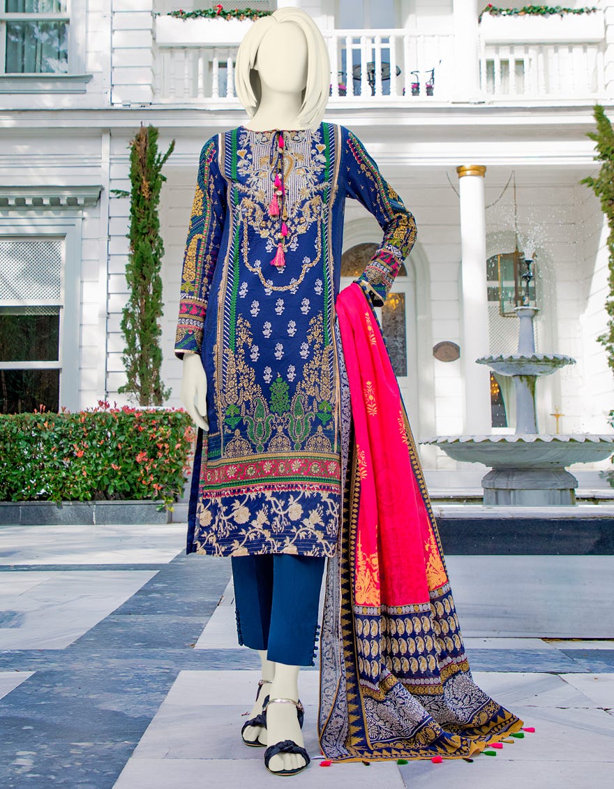 Junaid jamshed Embroidered Lawn Shirt With Basic Lawn Dupatta - Lawn Trouser