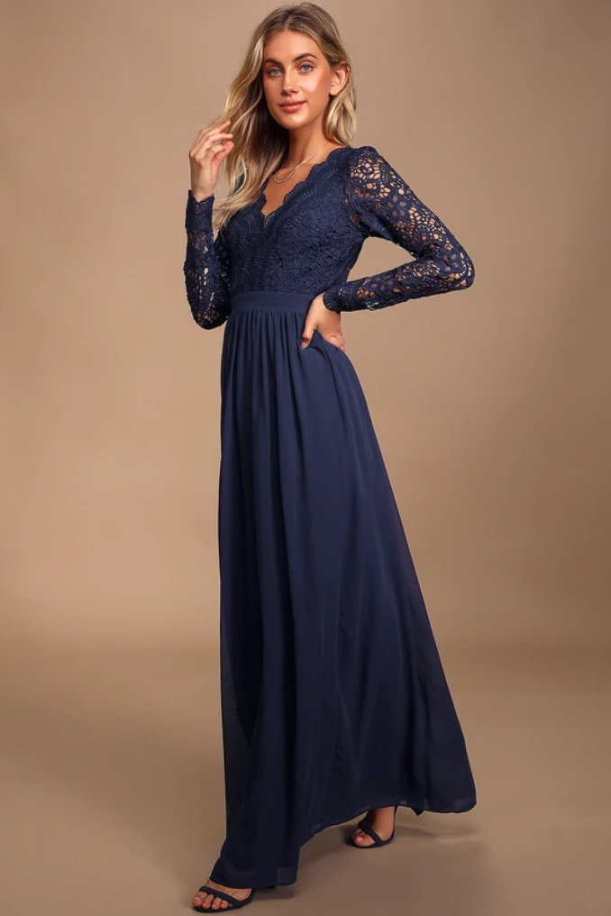 Navy Blue Long Sleeve Lace Maxi Dress